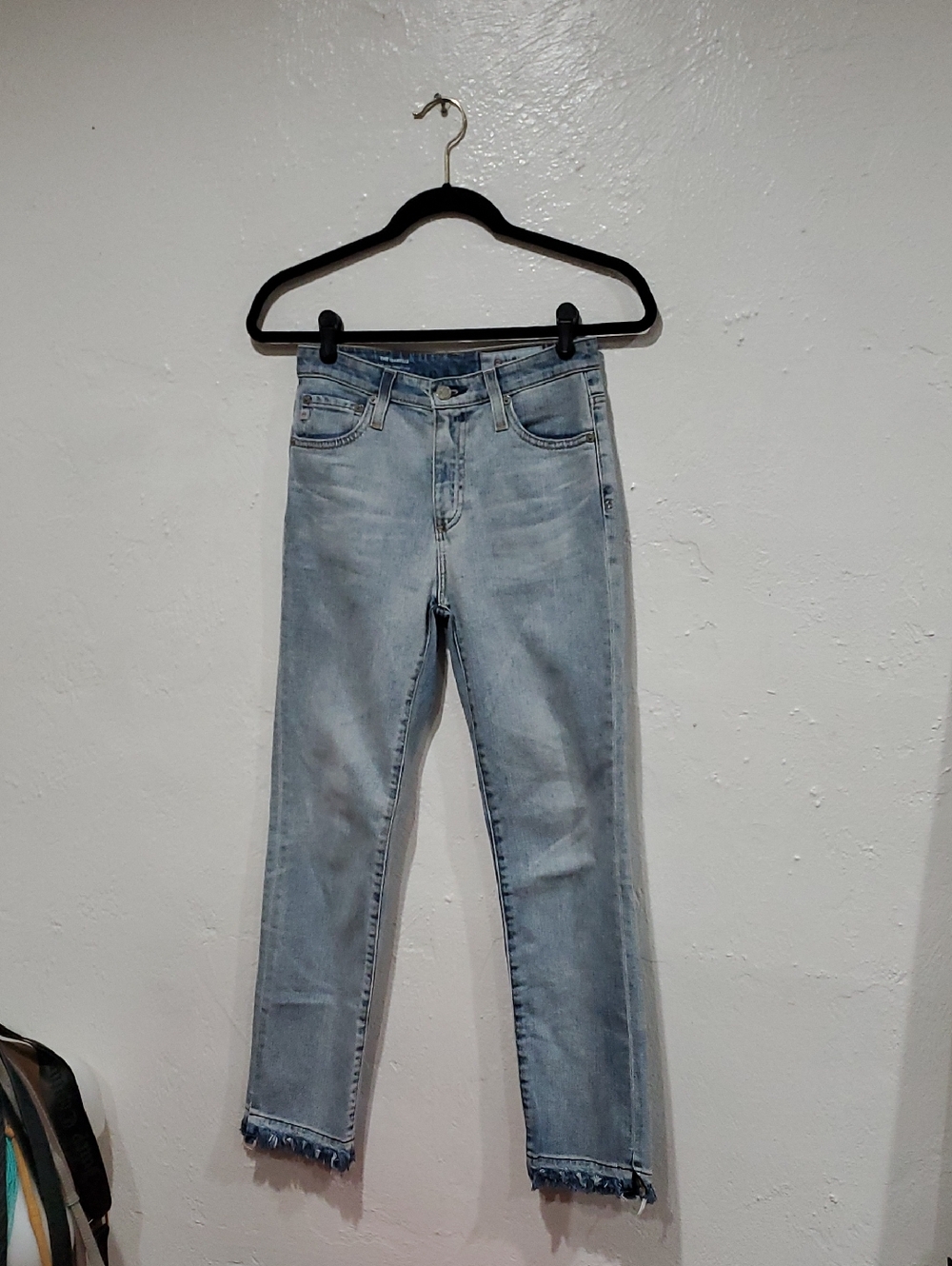 AG The Isabelle High Rise Straight Crop In Light Wash With Frayed Bottoms